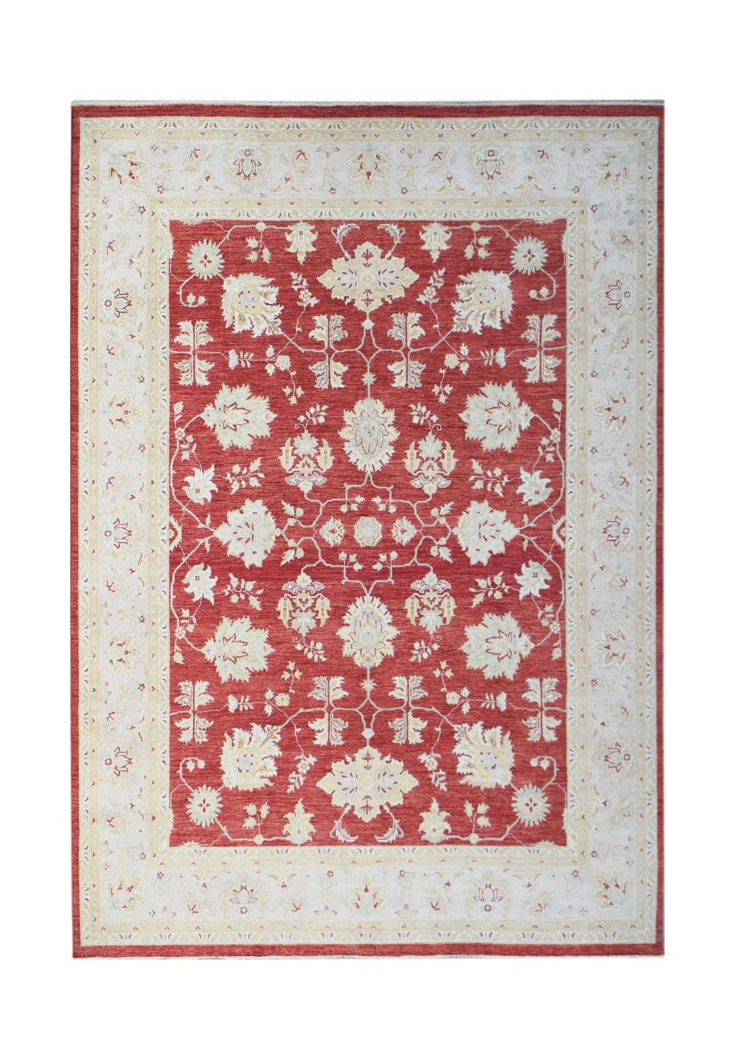 A rectangular Afghan Chobi rug featuring a red field with cream floral patterns and a wide border.