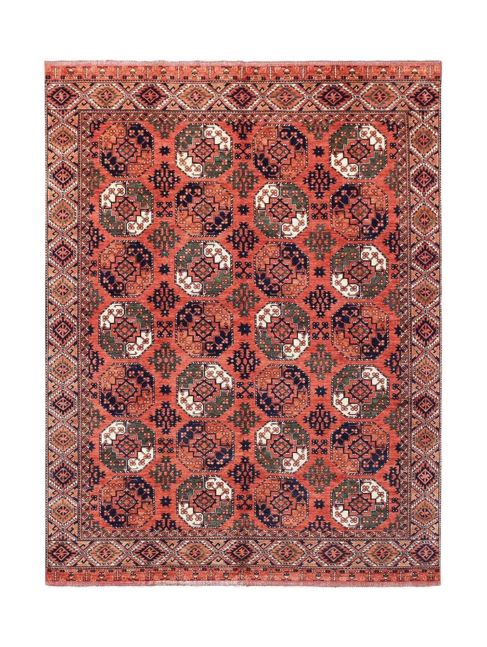 A handmade Afghan Chobi rug featuring a repeating octagonal pattern in earthy red and brown tones.
