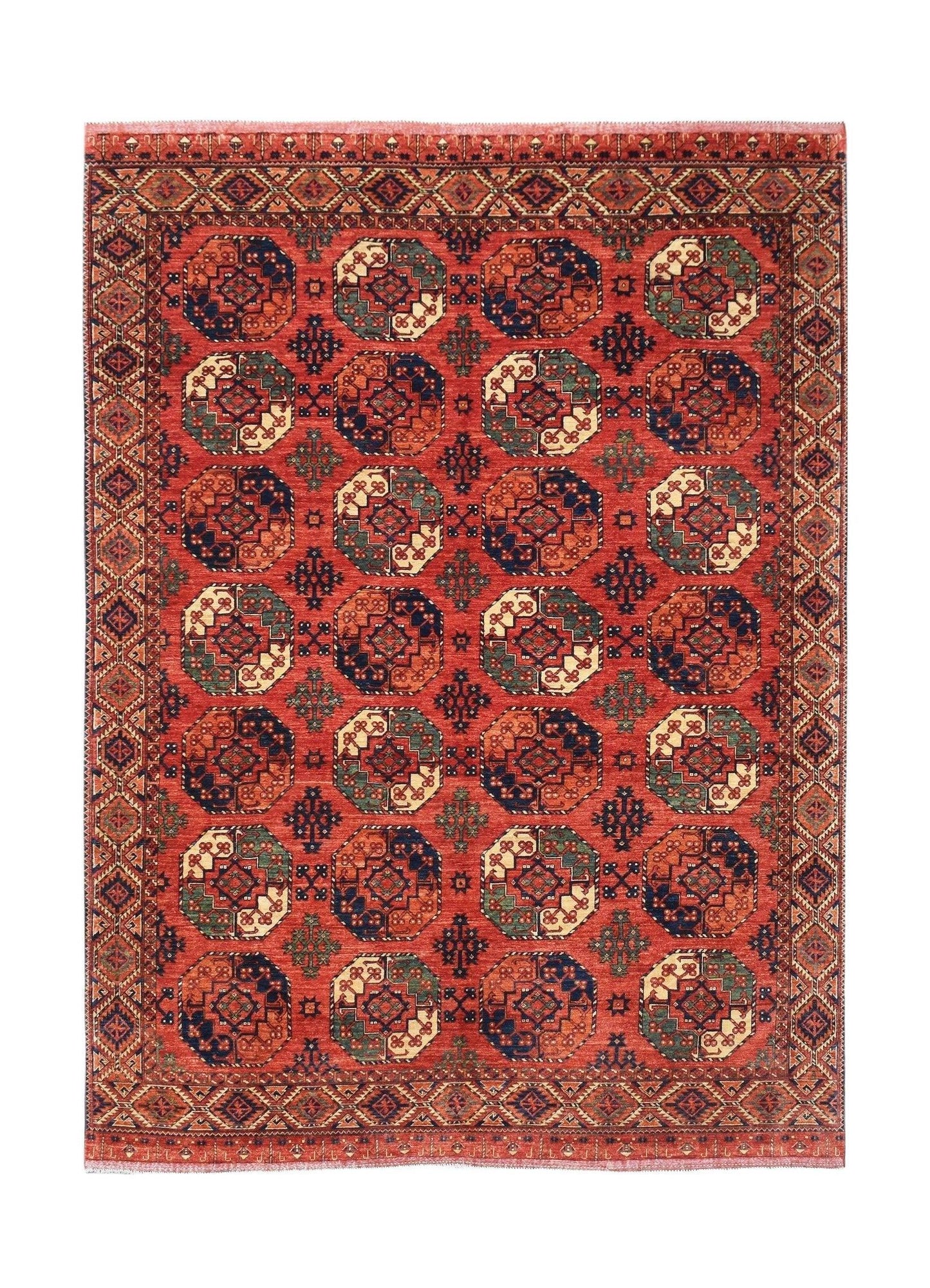 Handmade Afghan Chobi rug featuring a repeating octagonal pattern in warm earthy tones.