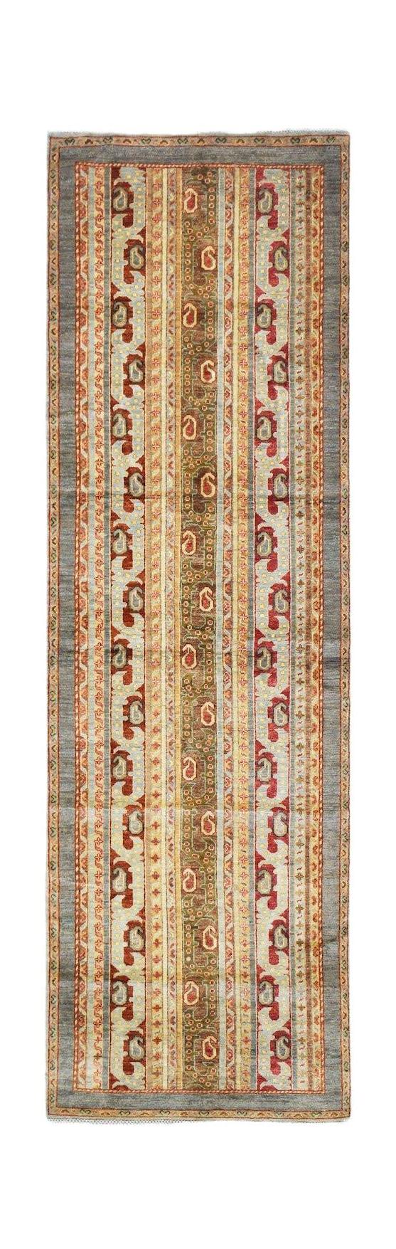 A handwoven Afghan Chobi runner featuring a striped pattern with paisley motifs in earthy tones.