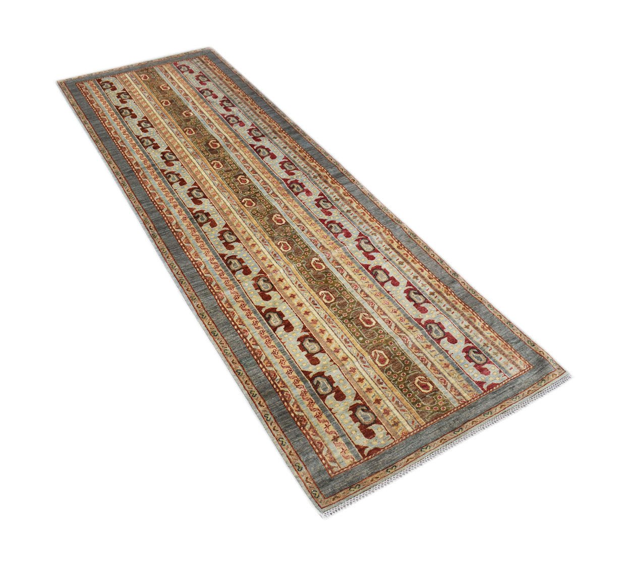 A handmade Afghan Chobi runner rug featuring traditional geometric patterns in earthy tones.
