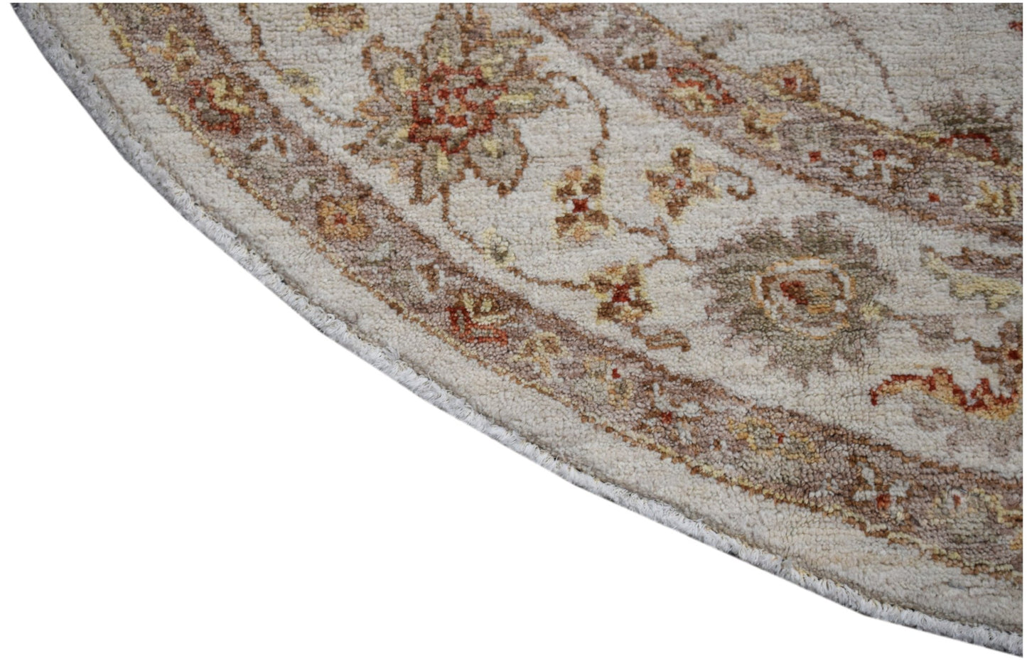 A round, handwoven Afghan Chobi rug featuring traditional floral patterns in earthy wood tones.