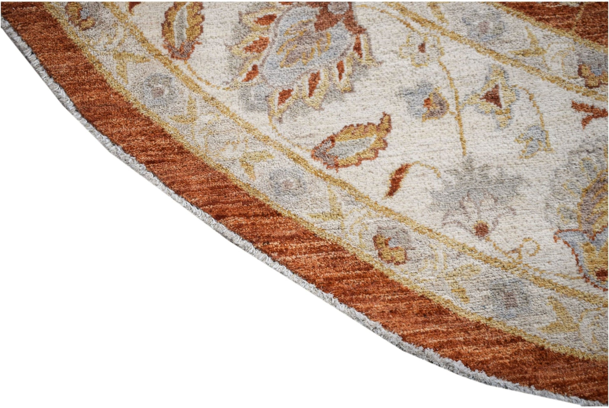 A round Afghan Chobi rug featuring traditional floral patterns in earthy tones on a cream field.