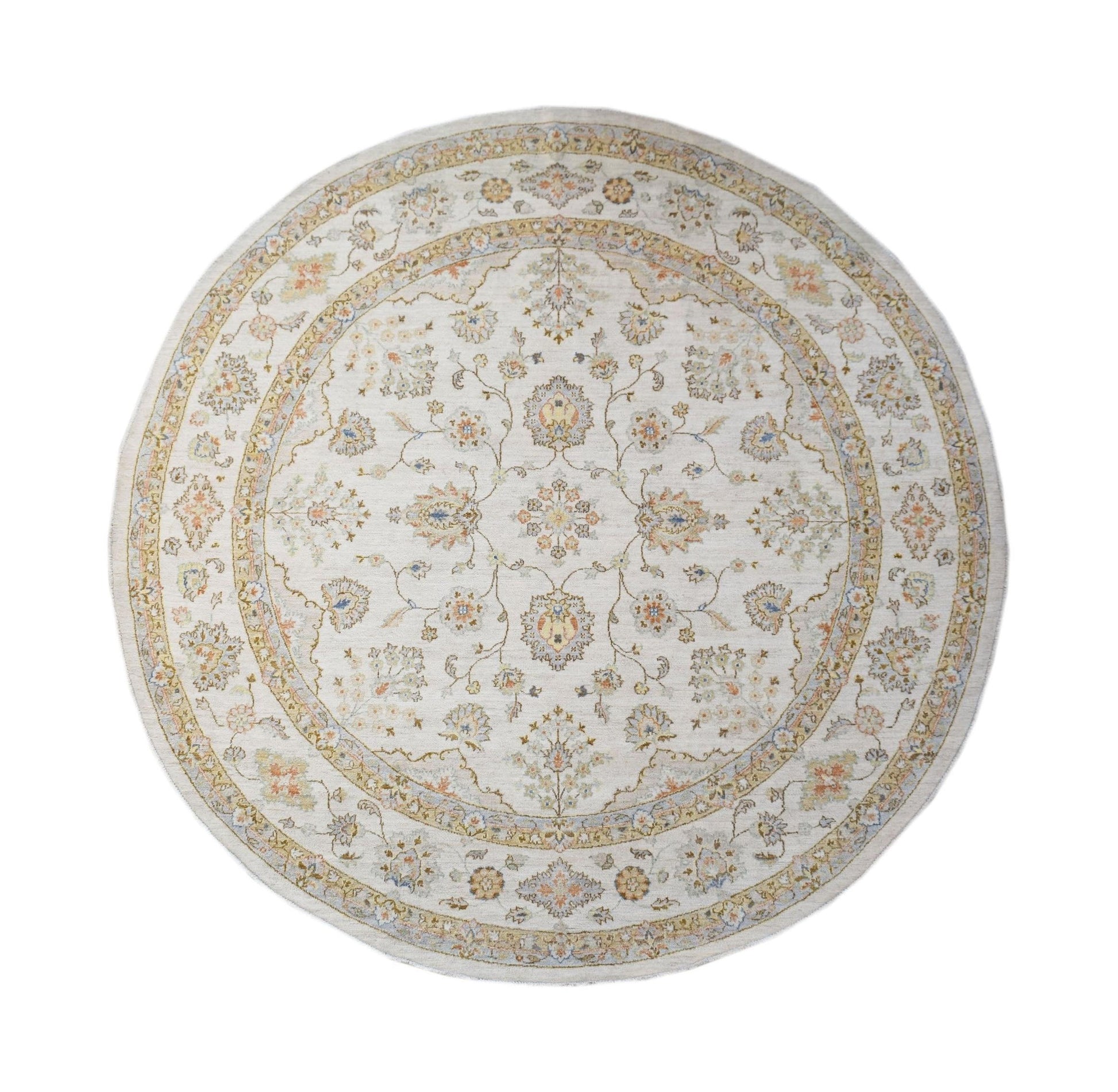 A round, handwoven Afghan Chobi rug featuring a traditional floral pattern in soft, earthy tones.