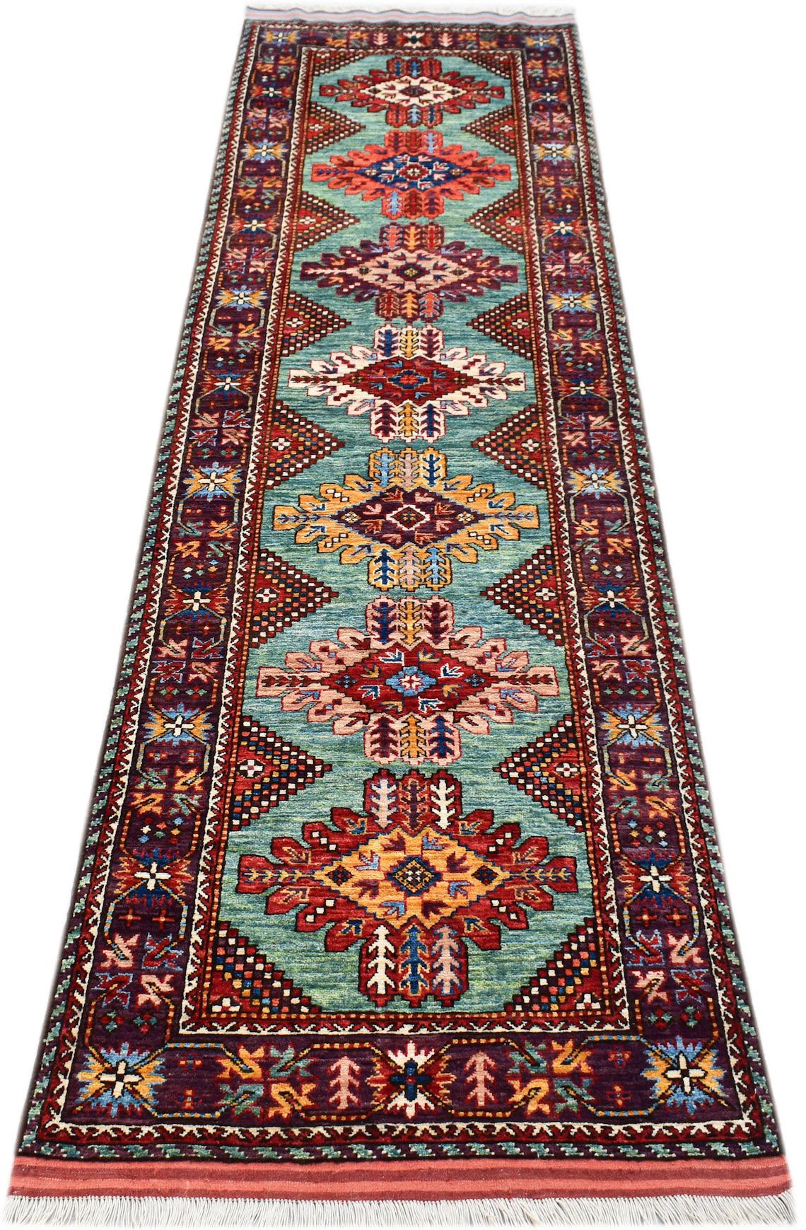 Handwoven Afghan Herati runner rug featuring a turquoise field with repeating geometric medallions.
