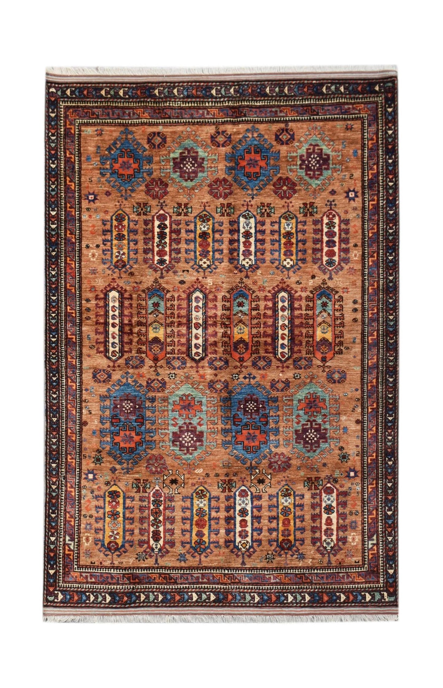 Handwoven Afghan Herati rug featuring a traditional geometric pattern in warm earthy tones.