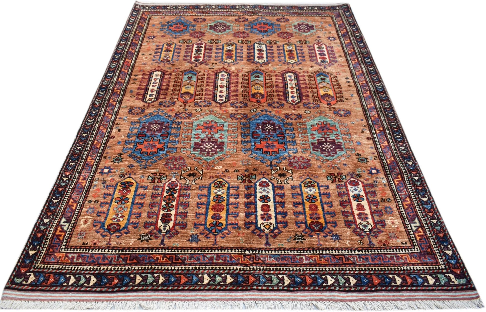 A rectangular Afghan Herati rug featuring a brown field with geometric patterns and a fringed edge.