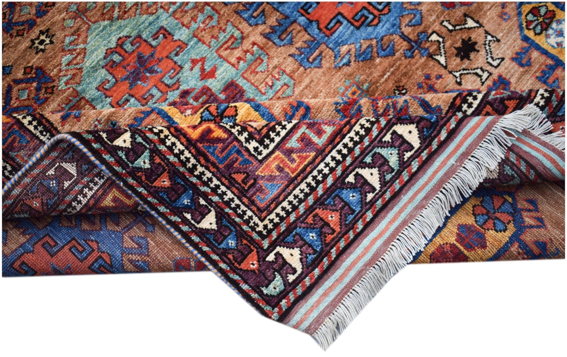 A handwoven Afghan Herati rug featuring intricate geometric patterns in vibrant wool colors.