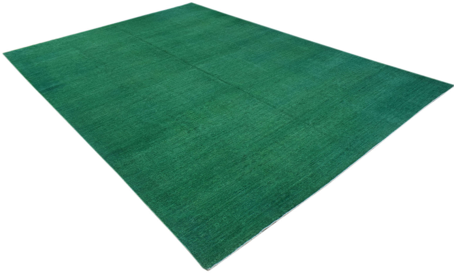 A rectangular, handwoven Afghan Chobi rug in a solid, vibrant overdyed green finish.