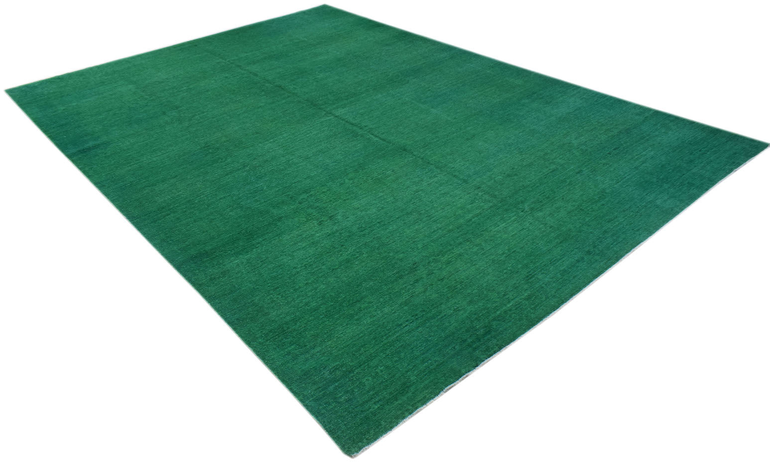 A rectangular, handwoven Afghan Chobi rug in a solid, vibrant overdyed green finish.