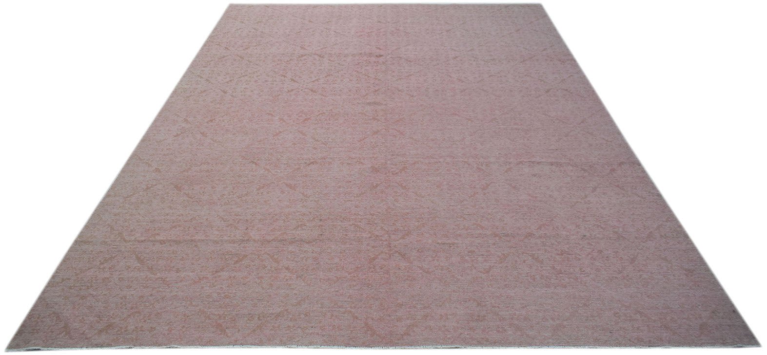 A rectangular Afghan Chobi rug featuring a subtle, repeating geometric pattern in soft pink tones.