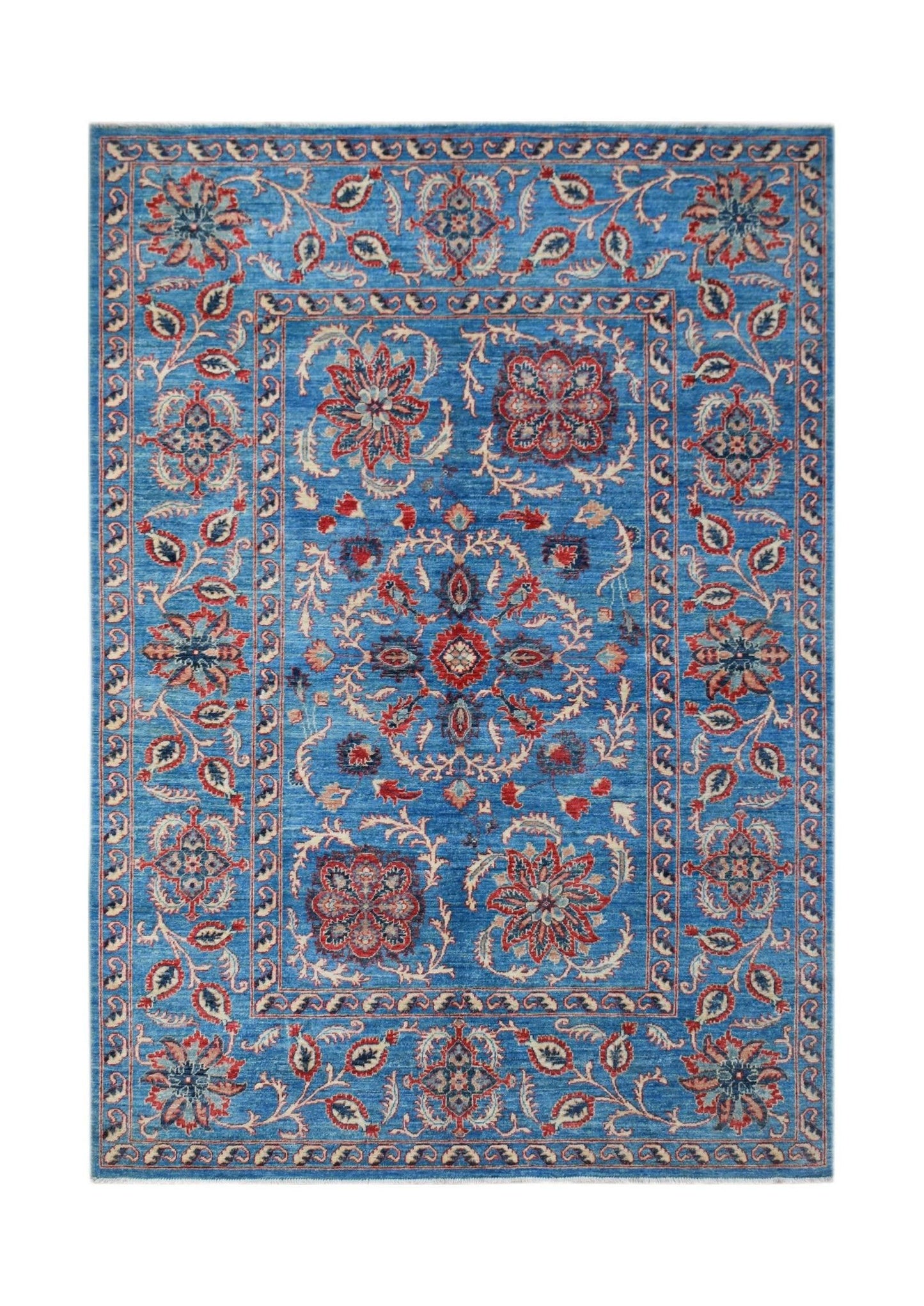 Handwoven Afghan Chobi rug featuring a blue field with traditional red and cream floral motifs.