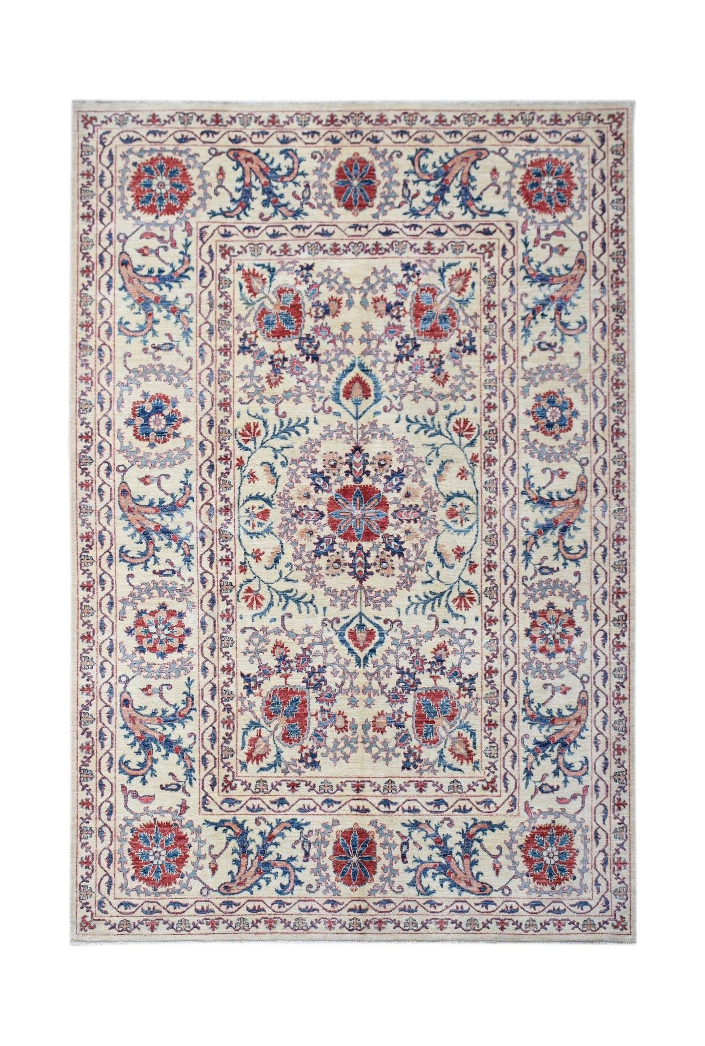 Handmade Afghan Chobi rug featuring a traditional Suzani floral pattern in red and blue on cream.