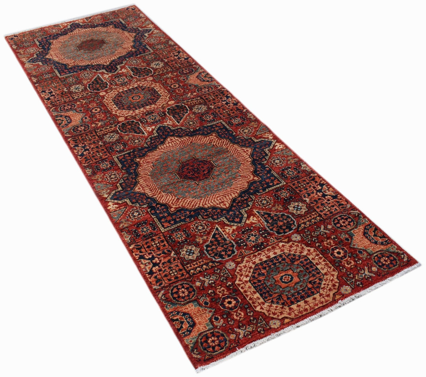 A handmade Afghan Chobi runner rug featuring a traditional red and blue Mamluk medallion pattern.