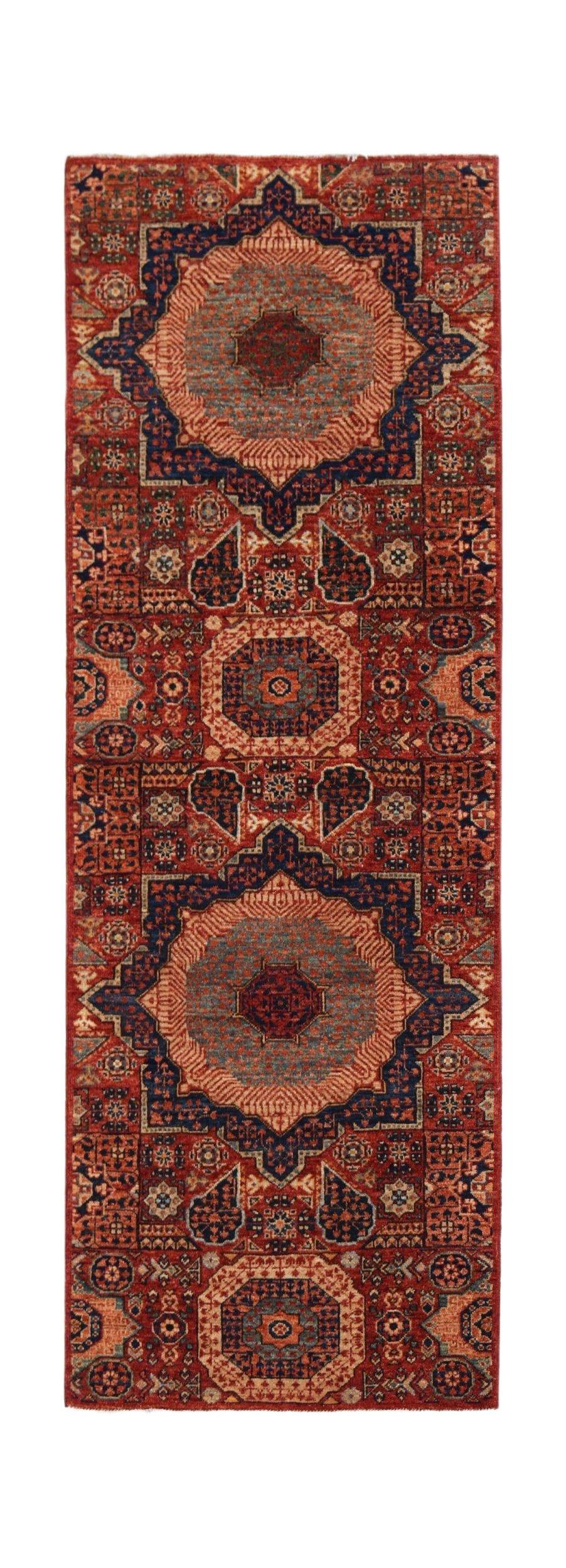 Handwoven Afghan Chobi runner rug featuring a traditional Mamluk medallion pattern in red and blue.