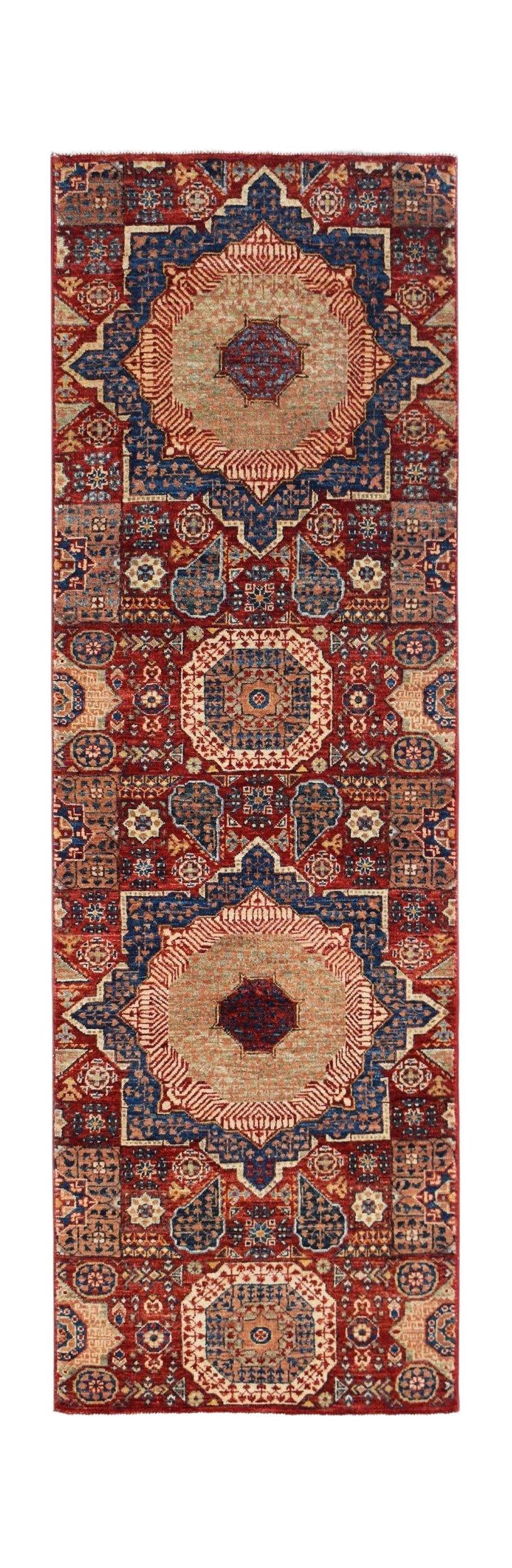 Handwoven Afghan Chobi runner rug featuring a traditional Mamluk medallion pattern in red and blue.