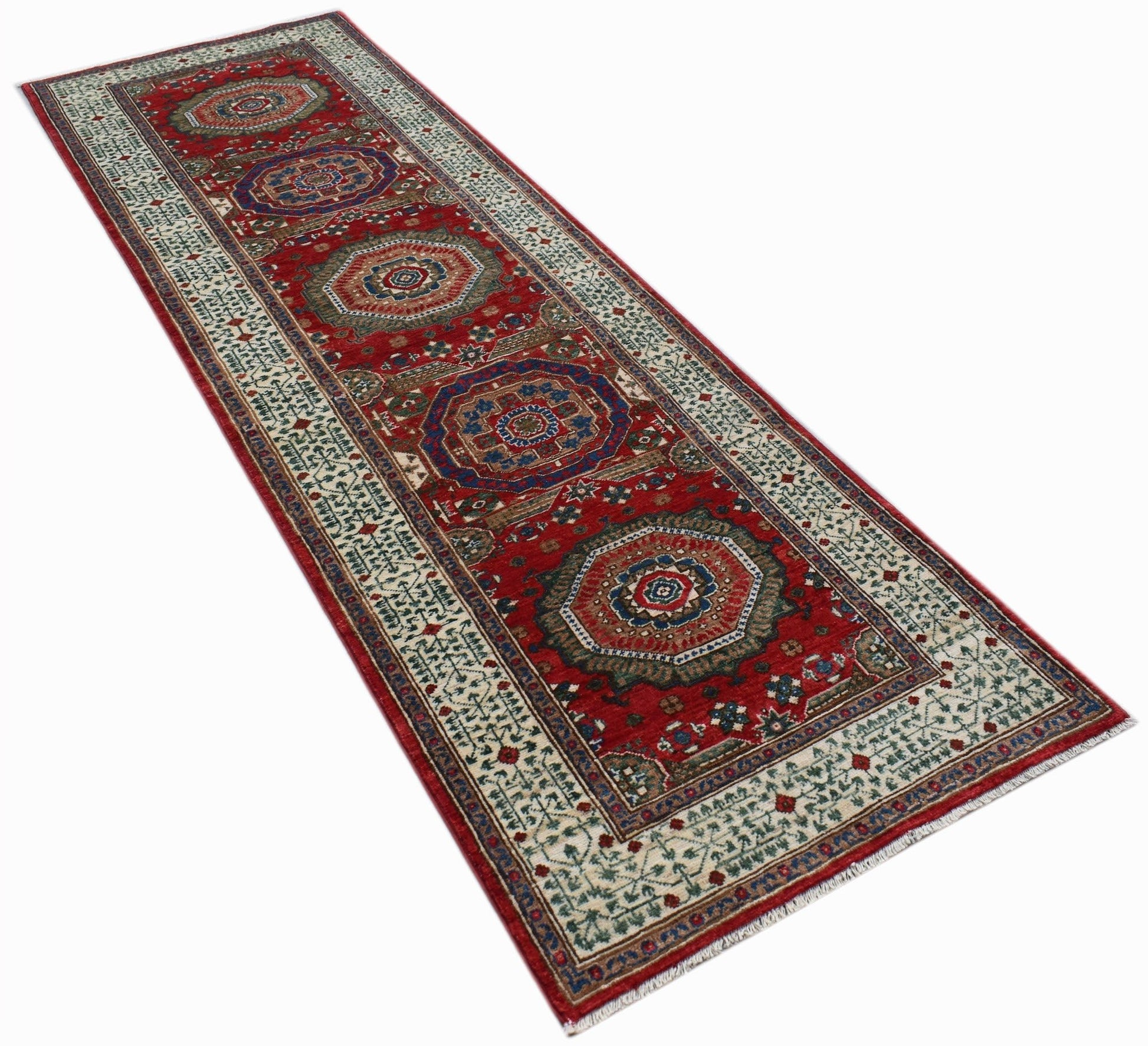 A handmade Afghan Chobi runner rug featuring a red field with intricate Mamluk medallion patterns.