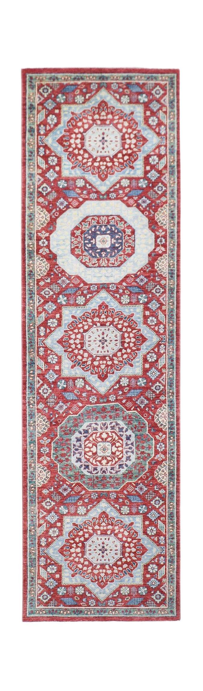 A handmade Afghan Chobi runner rug featuring a repeating Mamluk medallion pattern in red and blue.