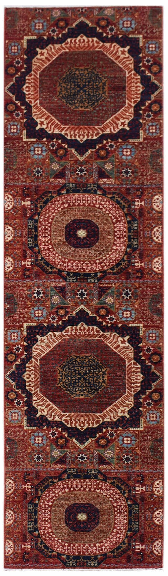 A handmade Afghan Chobi runner featuring a traditional red Mamluk medallion pattern.