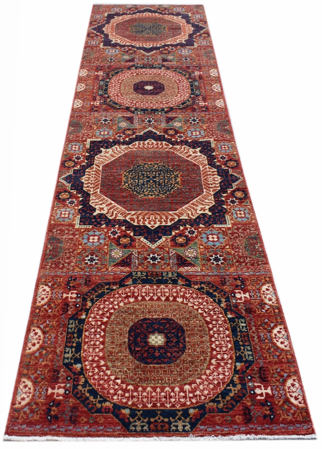 Handwoven Afghan Chobi runner rug featuring a traditional Mamluk medallion pattern in red and blue.