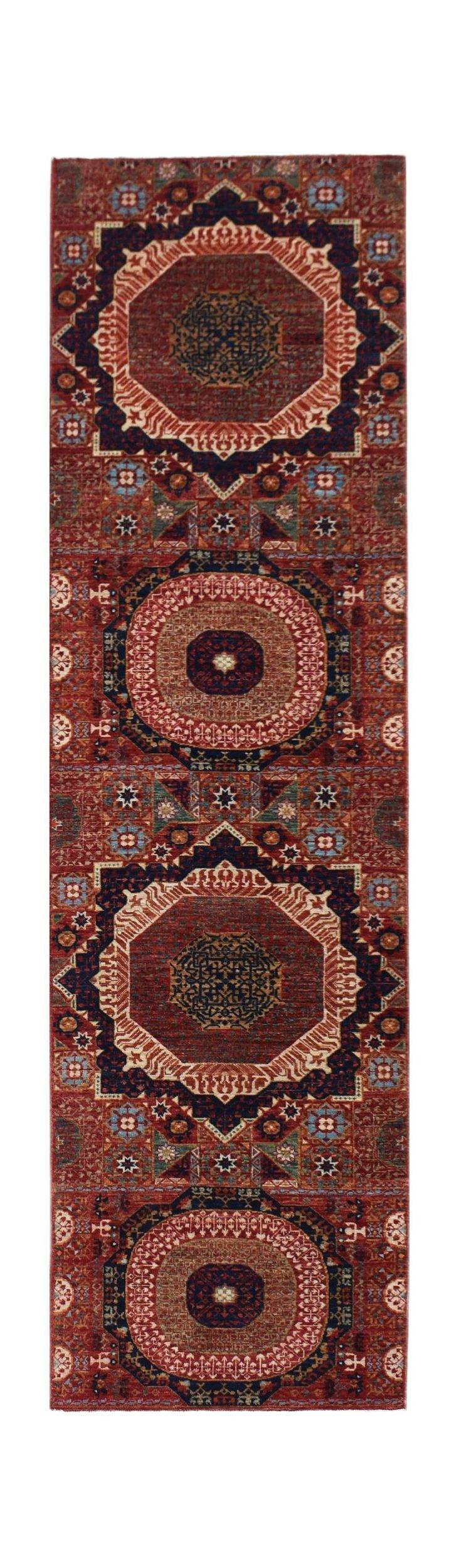 A handmade Afghan Chobi runner rug featuring a traditional Mamluk medallion pattern in red and blue.