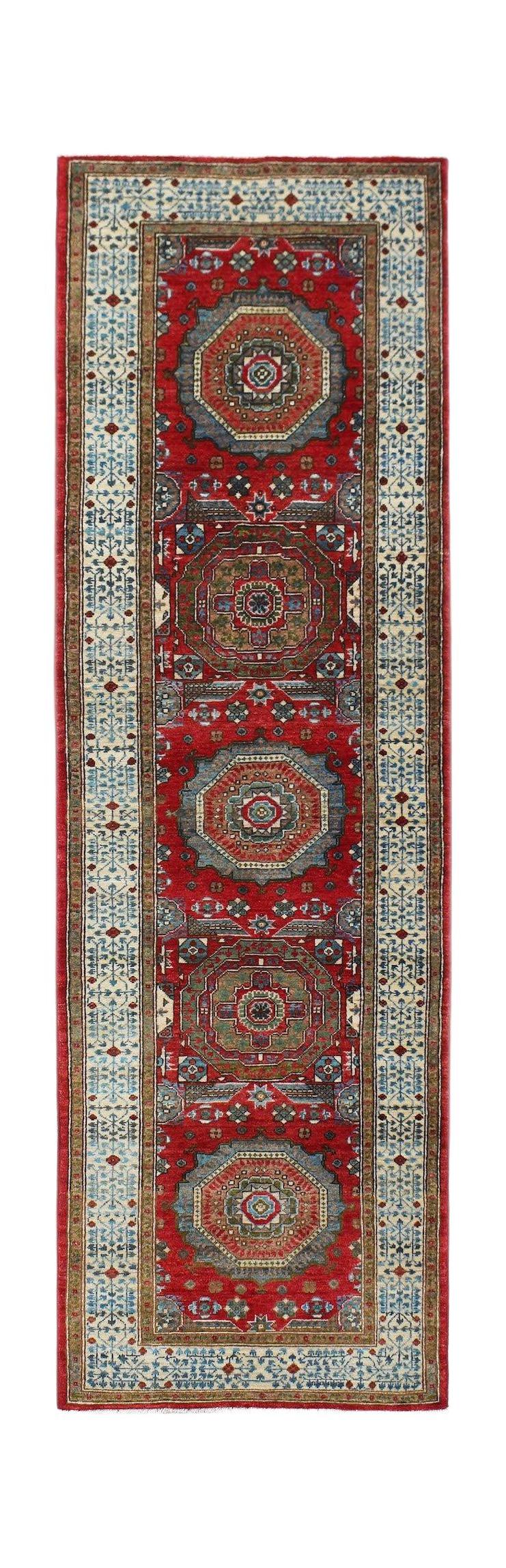 Handwoven Afghan Chobi runner rug featuring a red field with repeating Mamluk medallion patterns.