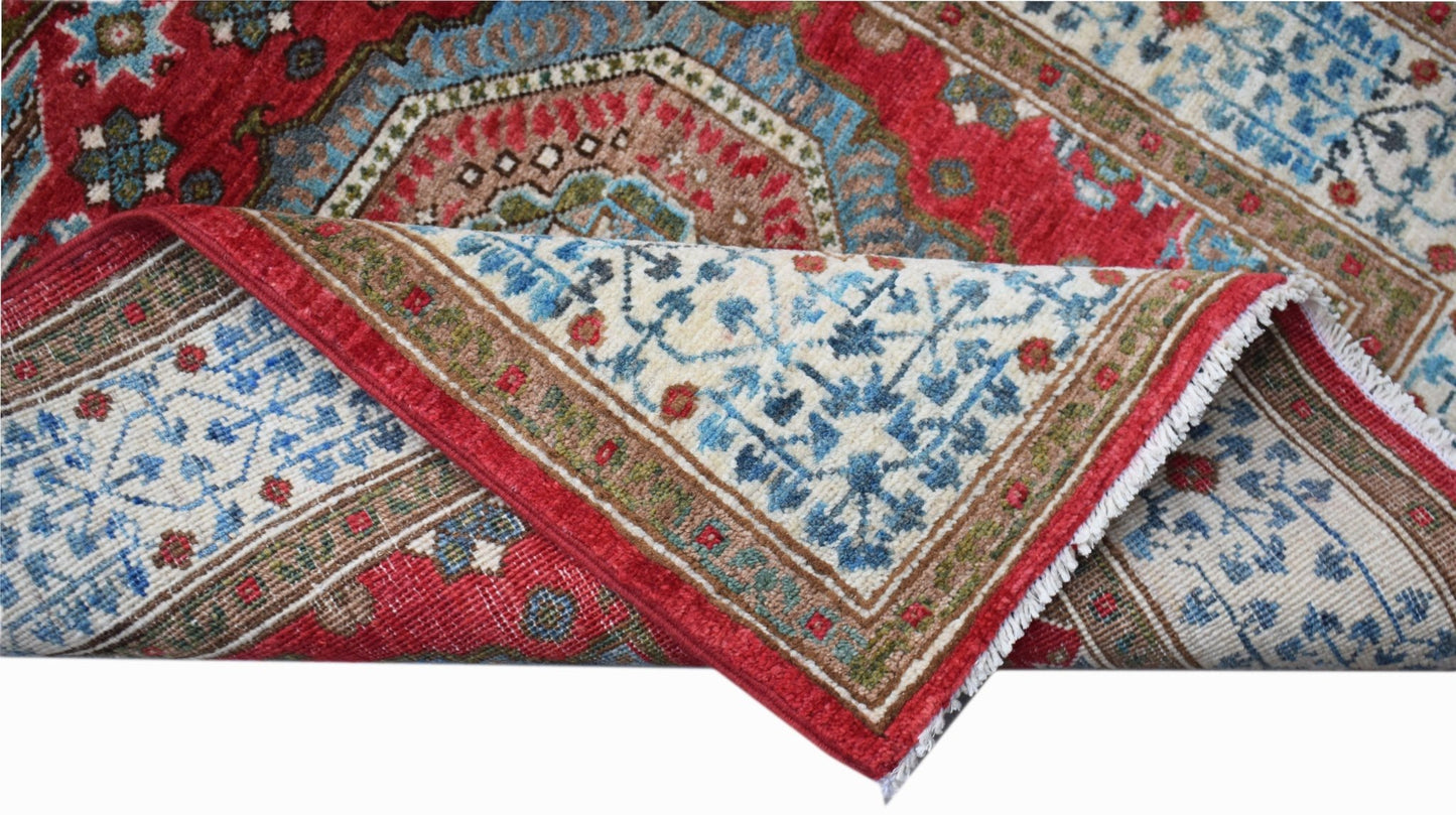 A handmade Afghan Chobi runner featuring a traditional Mamluk medallion pattern in red and blue.