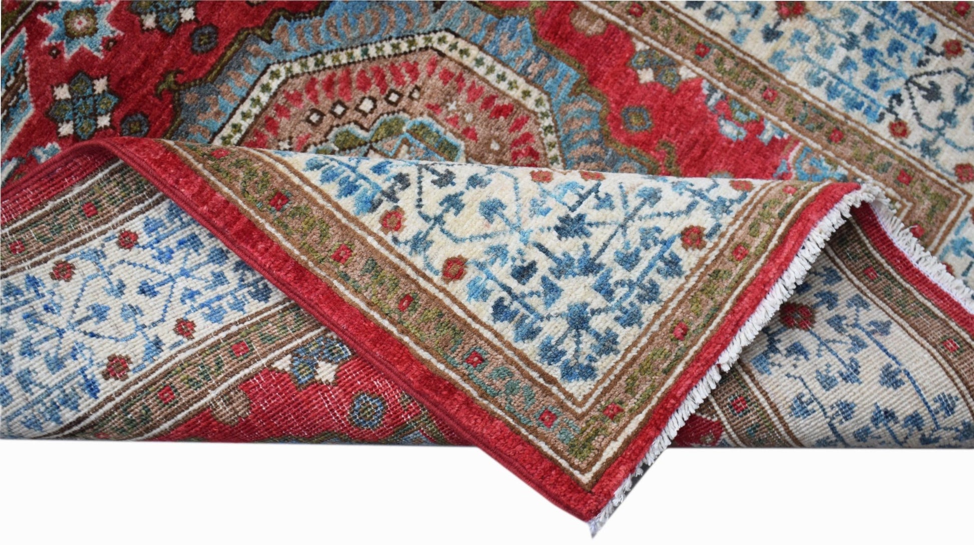 A handmade Afghan Chobi runner featuring a traditional Mamluk medallion pattern in red and blue.
