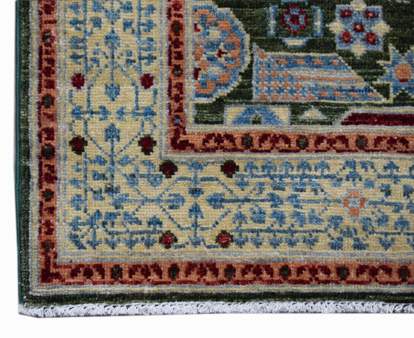 A corner view of a handwoven Afghan Chobi runner featuring a traditional Mamluk geometric pattern.