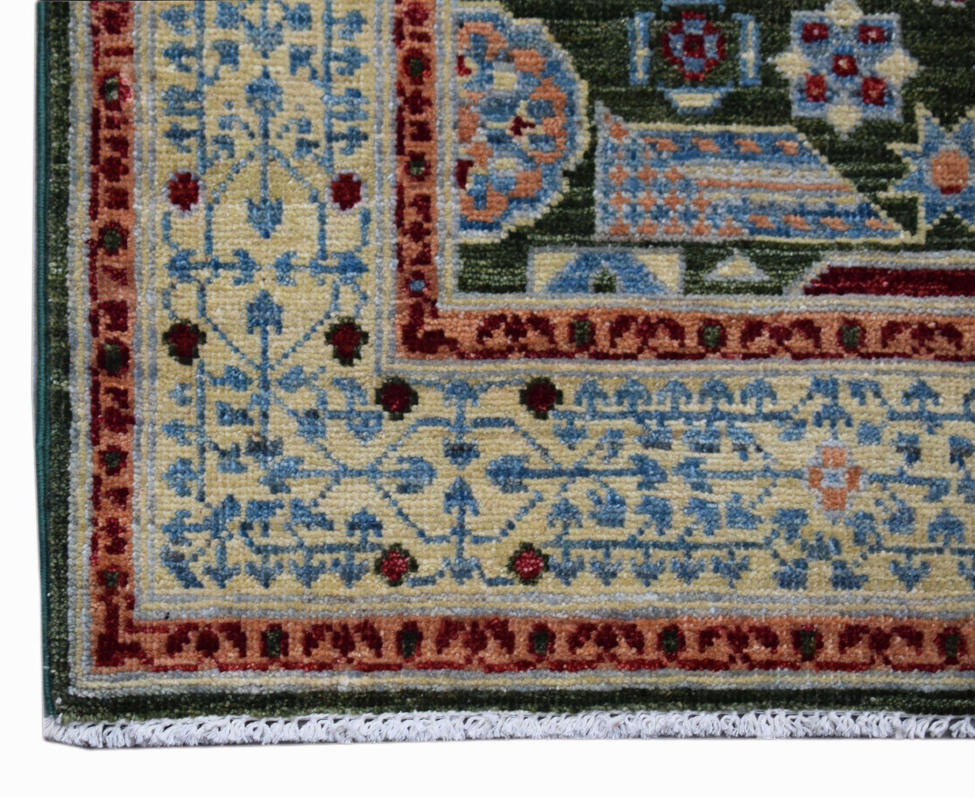A corner view of a handwoven Afghan Chobi runner featuring a traditional Mamluk geometric pattern.