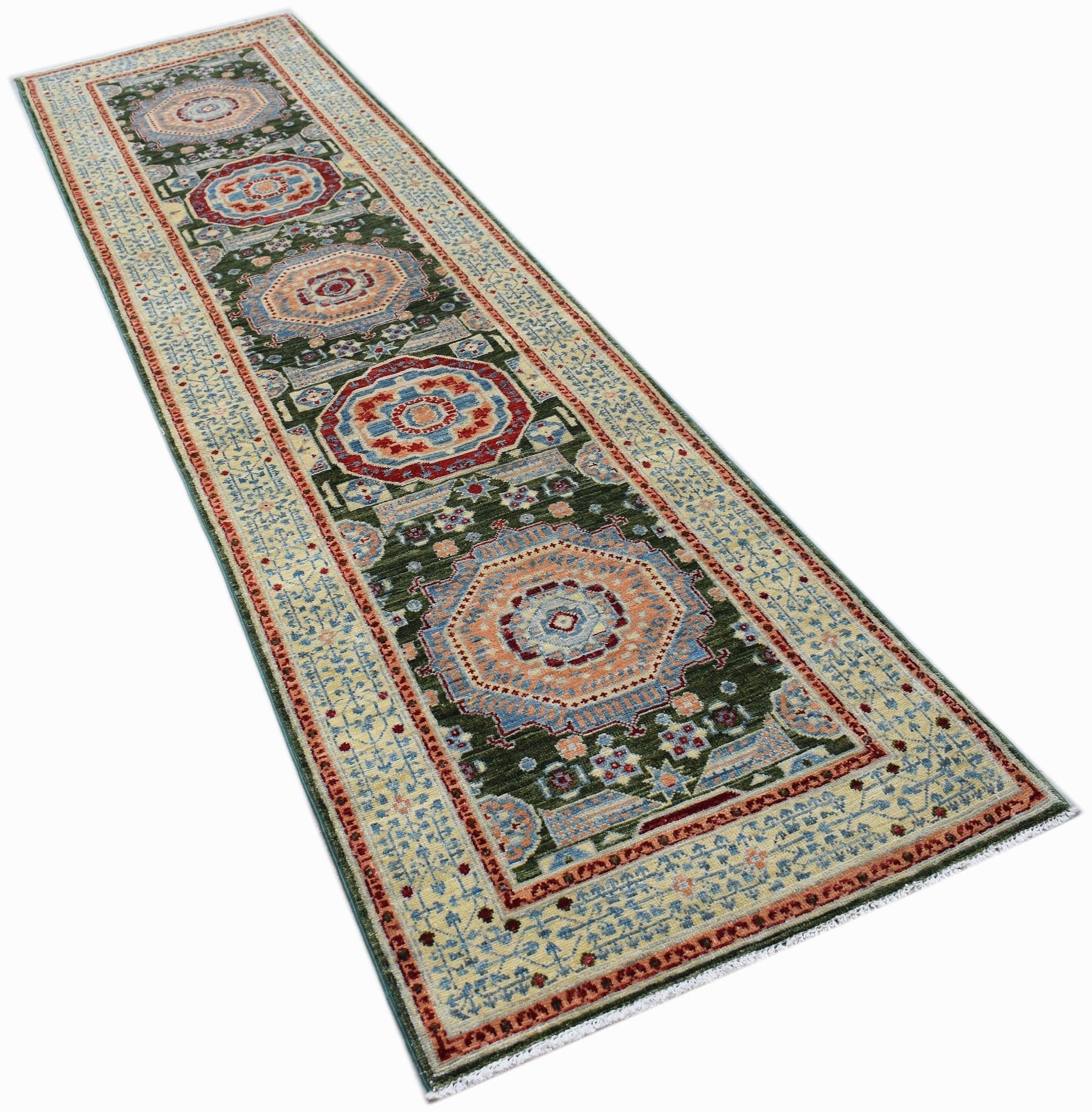 A handmade Afghan Chobi runner rug featuring a traditional Mamluk medallion pattern in green and red.
