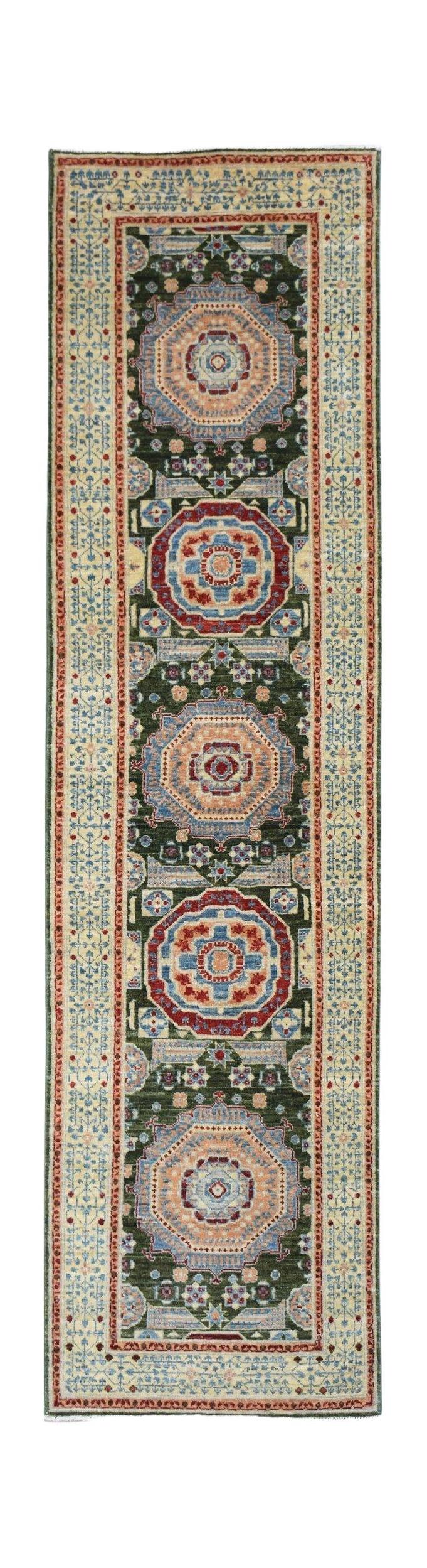 A handmade Afghan Chobi runner rug featuring a dark green field with repeating Mamluk medallions.