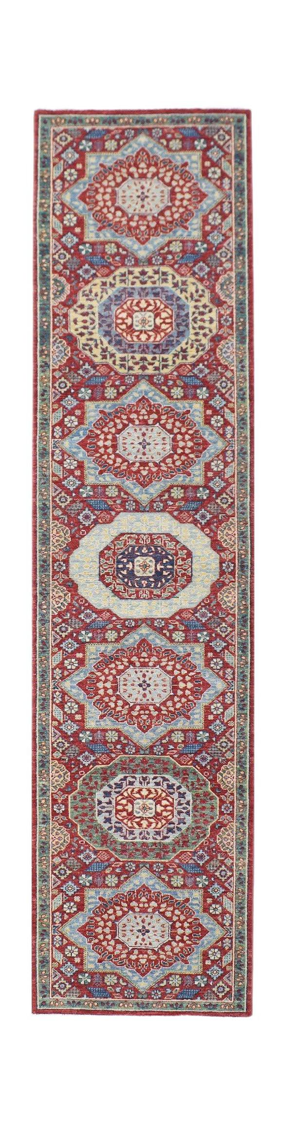Handwoven Afghan Chobi runner rug featuring a traditional red and blue Mamluk medallion pattern.