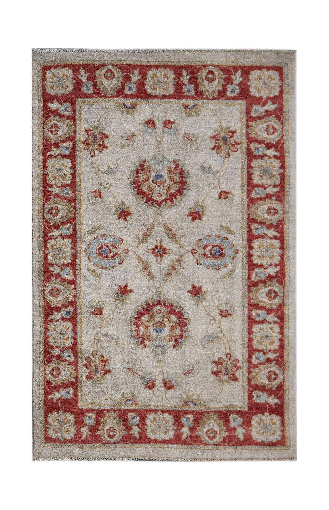 Handwoven Afghan Chobi rug featuring a floral pattern in red and blue on a cream background.