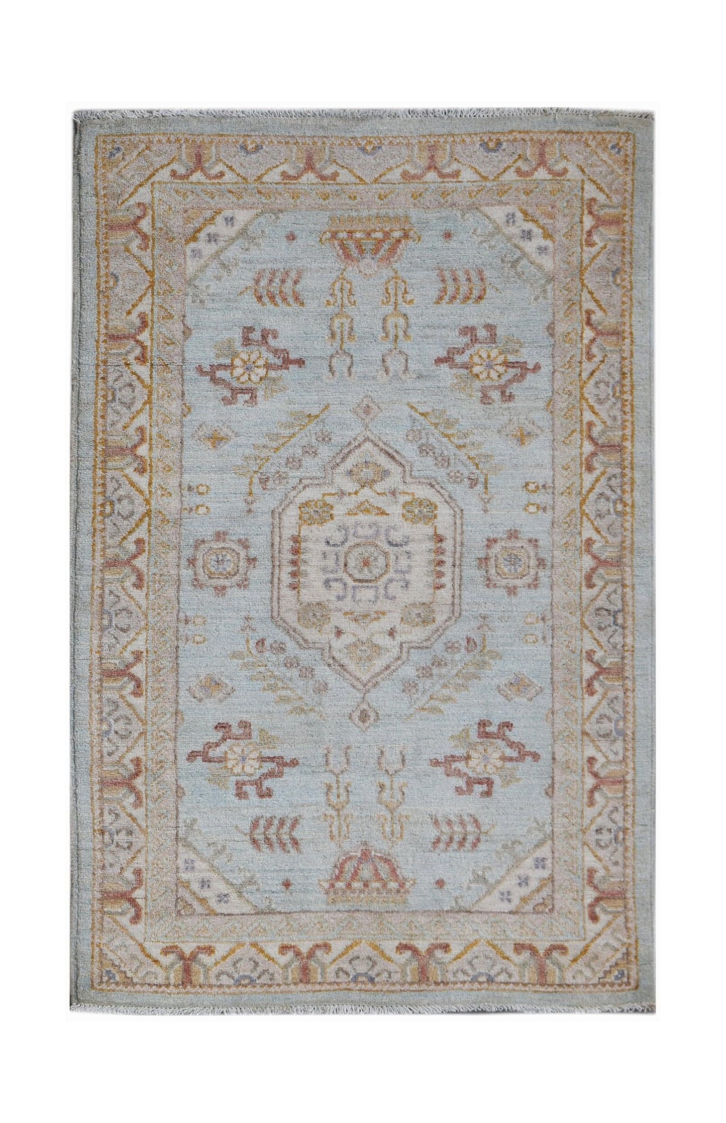 A rectangular Afghan Chobi rug featuring a central medallion on a light blue field with floral motifs.