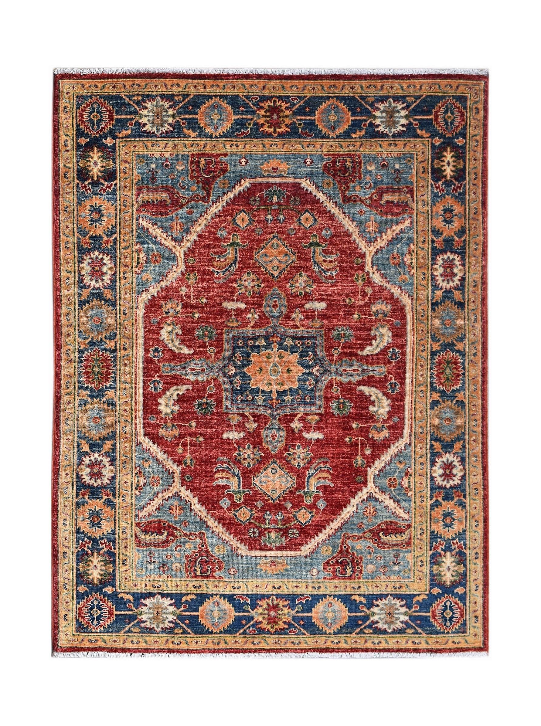 A rectangular Afghan Chobi rug featuring a central medallion on a red field with blue borders.