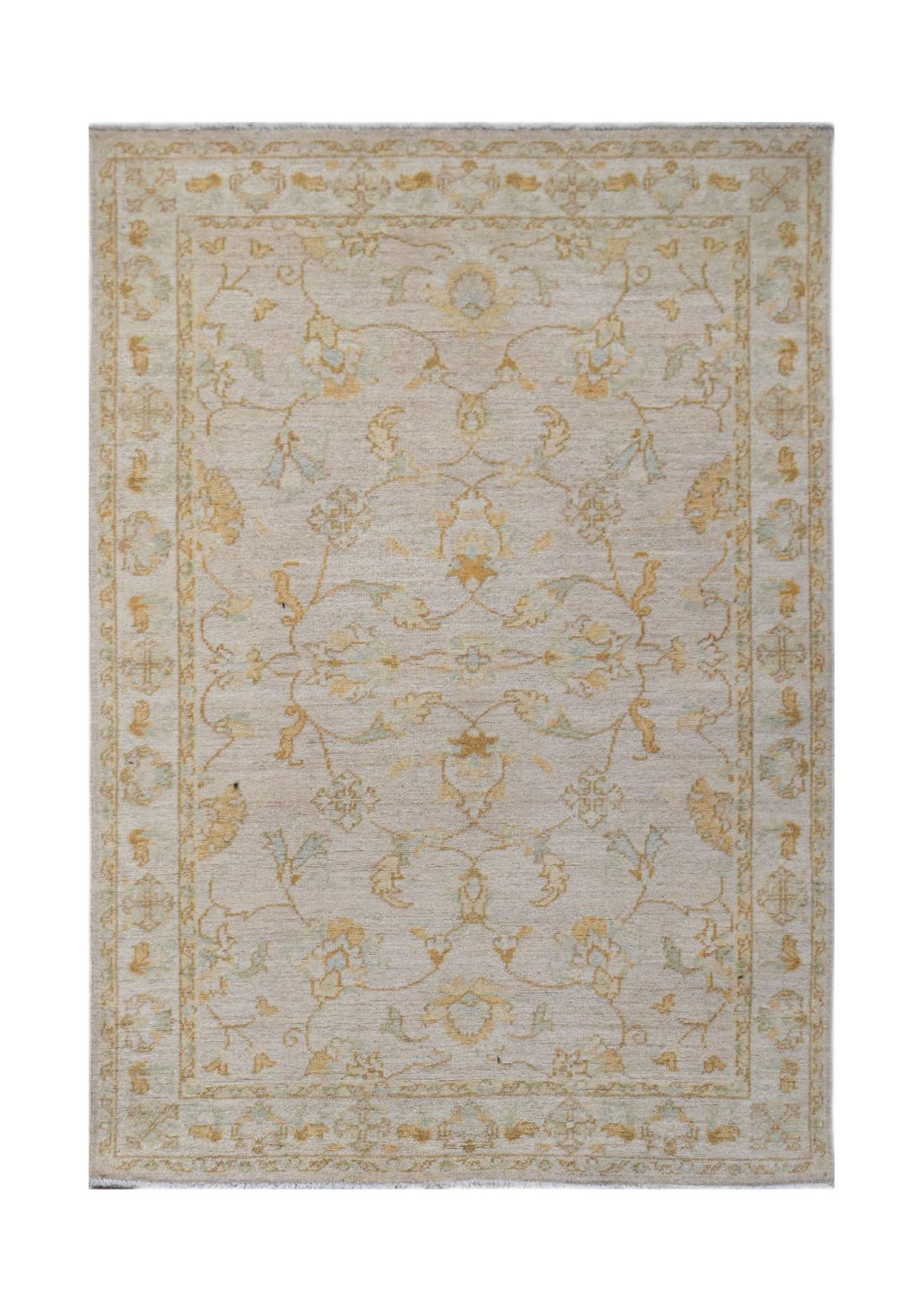 A rectangular Afghan Chobi rug featuring a traditional floral pattern in soft beige and gold tones.