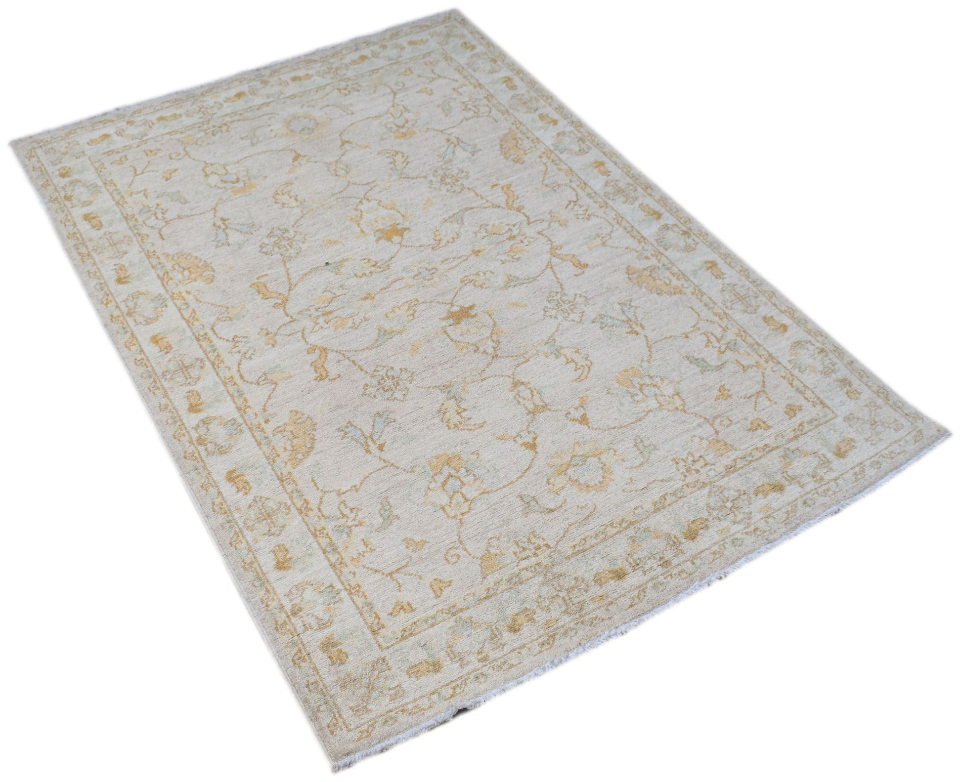 A rectangular Afghan Chobi rug featuring a traditional floral pattern in soft beige and gold tones.