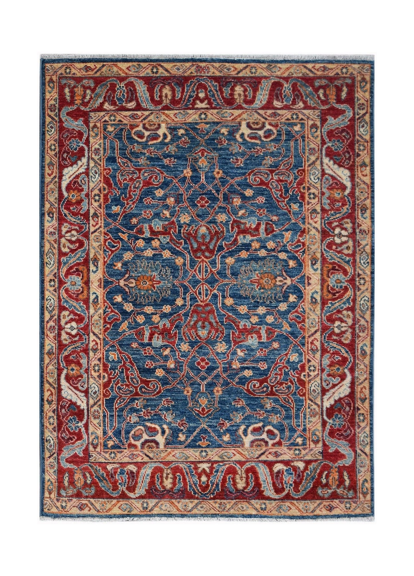 A rectangular Afghan Chobi rug featuring a blue field with intricate red and cream floral patterns.
