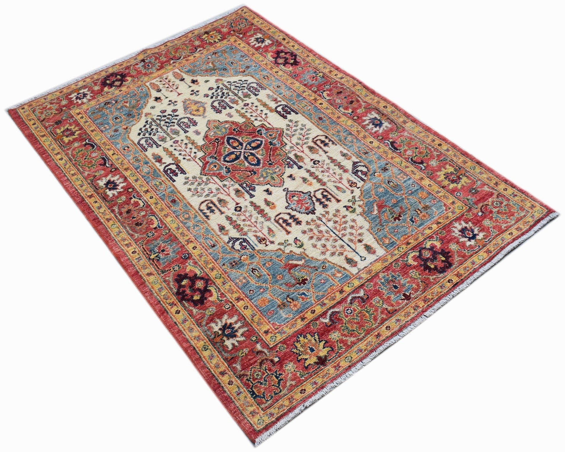 Handwoven Afghan Chobi rug featuring a traditional Heriz pattern in red, blue, and cream tones.