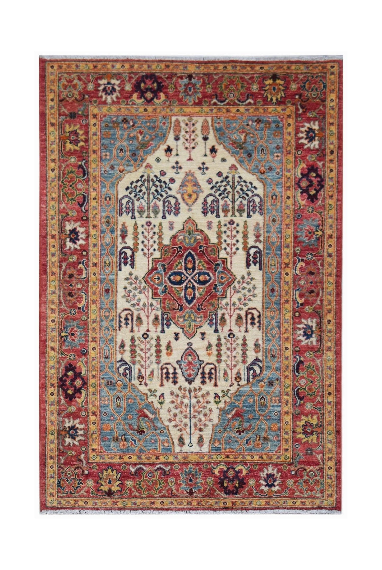 Handwoven Afghan Chobi rug featuring a traditional Heriz floral pattern in red, blue, and cream.