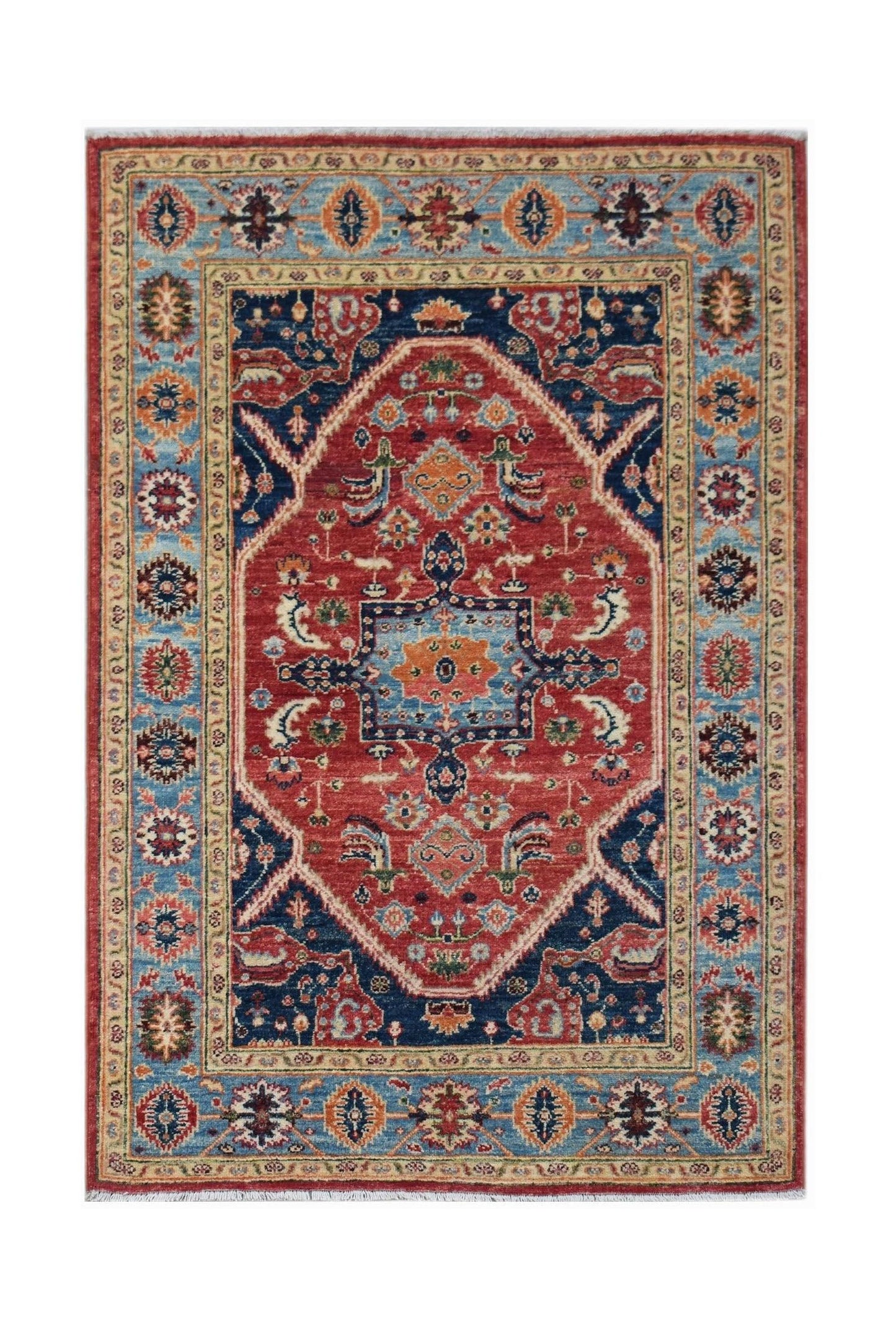 Handwoven Afghan Chobi rug featuring a traditional Heriz pattern in red, blue, and orange tones.