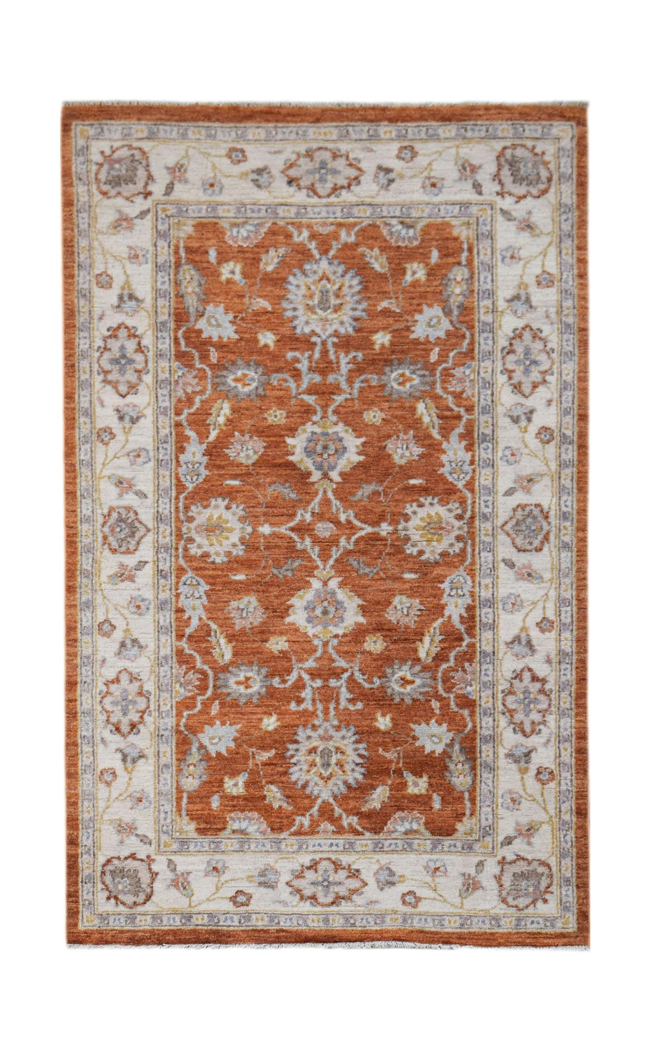 A rectangular Afghan Chobi rug featuring a traditional floral pattern in rust and cream tones.