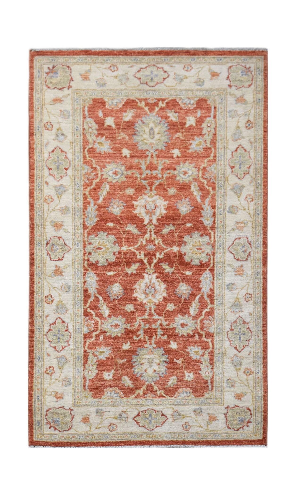 A rectangular Afghan Chobi rug featuring a floral pattern in rust red, cream, and soft blue tones.