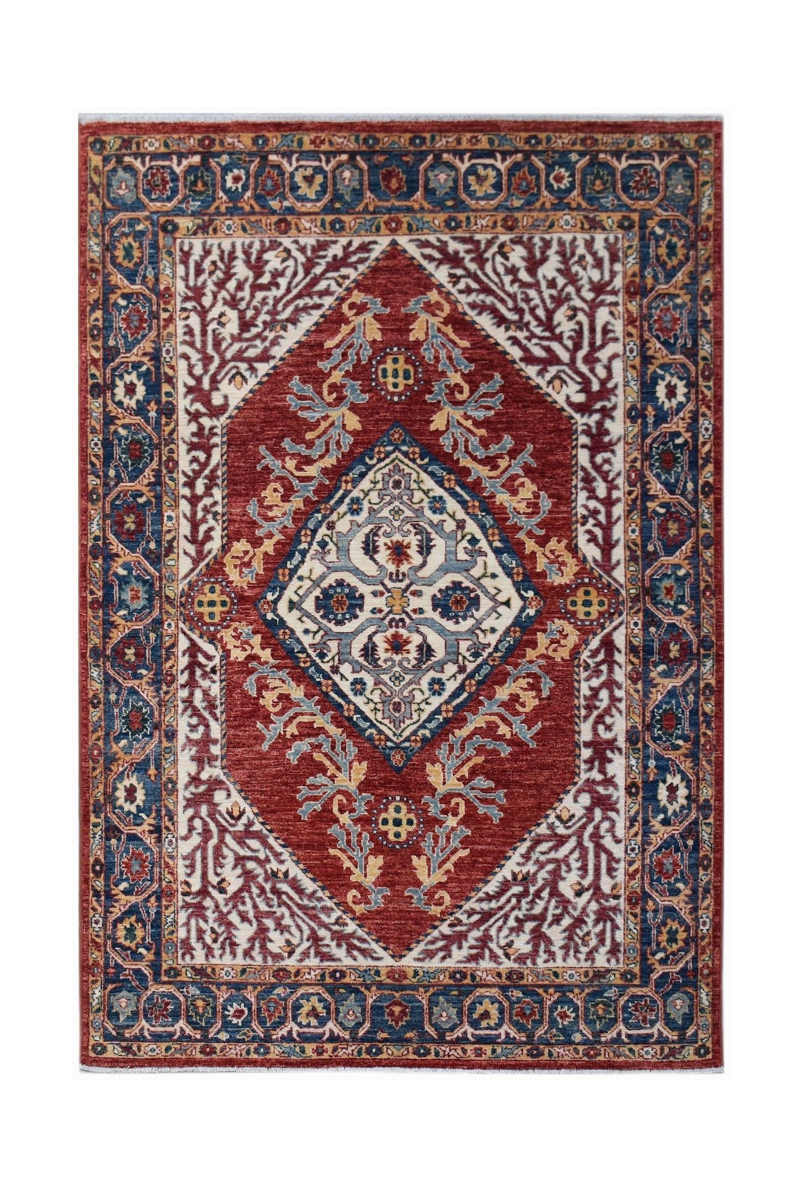 A rectangular Afghan Chobi rug featuring a traditional Heriz pattern in red, blue, and cream.