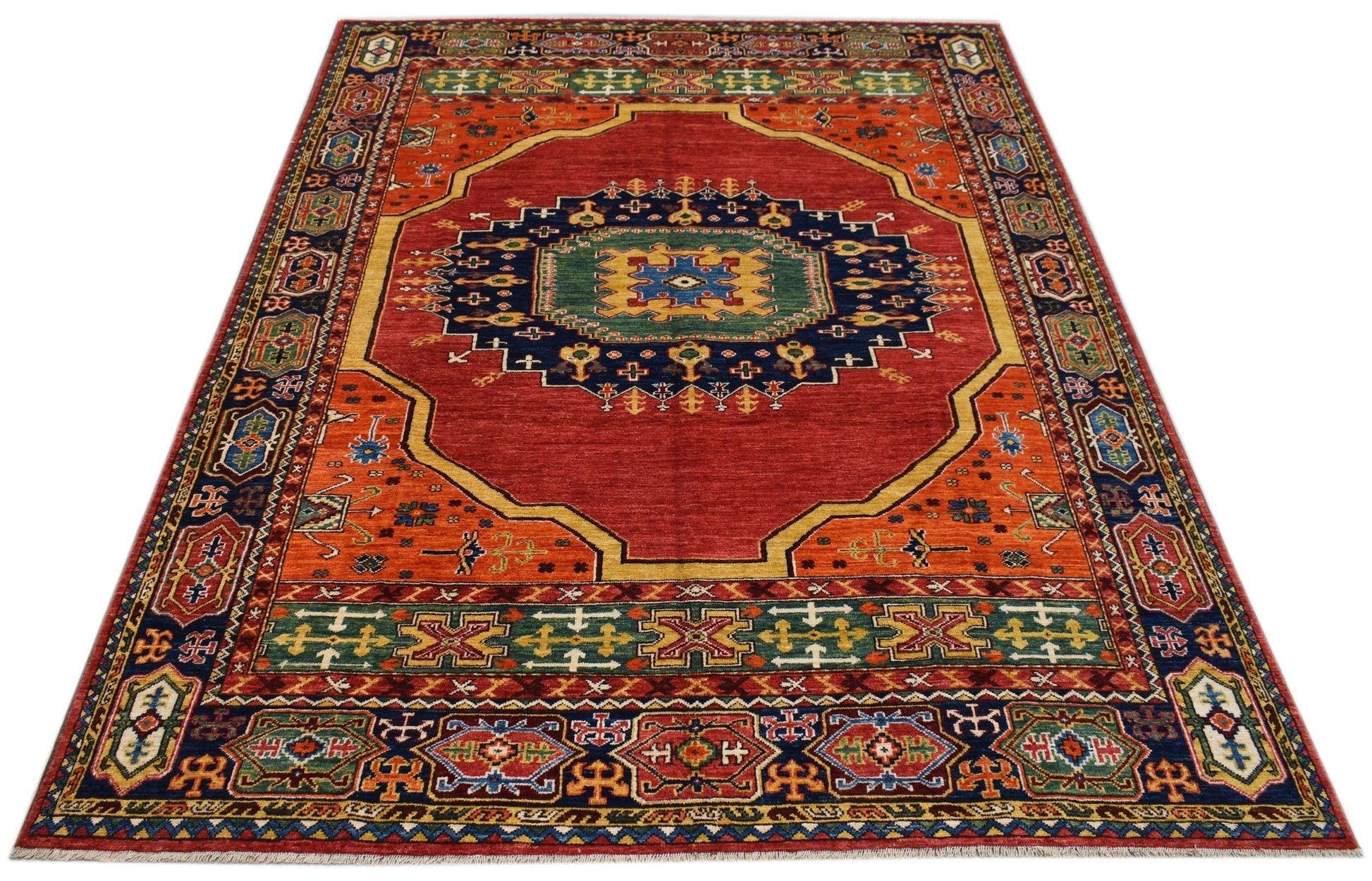 A rectangular Afghan Chobi rug featuring a traditional geometric pattern in red, blue, and green.