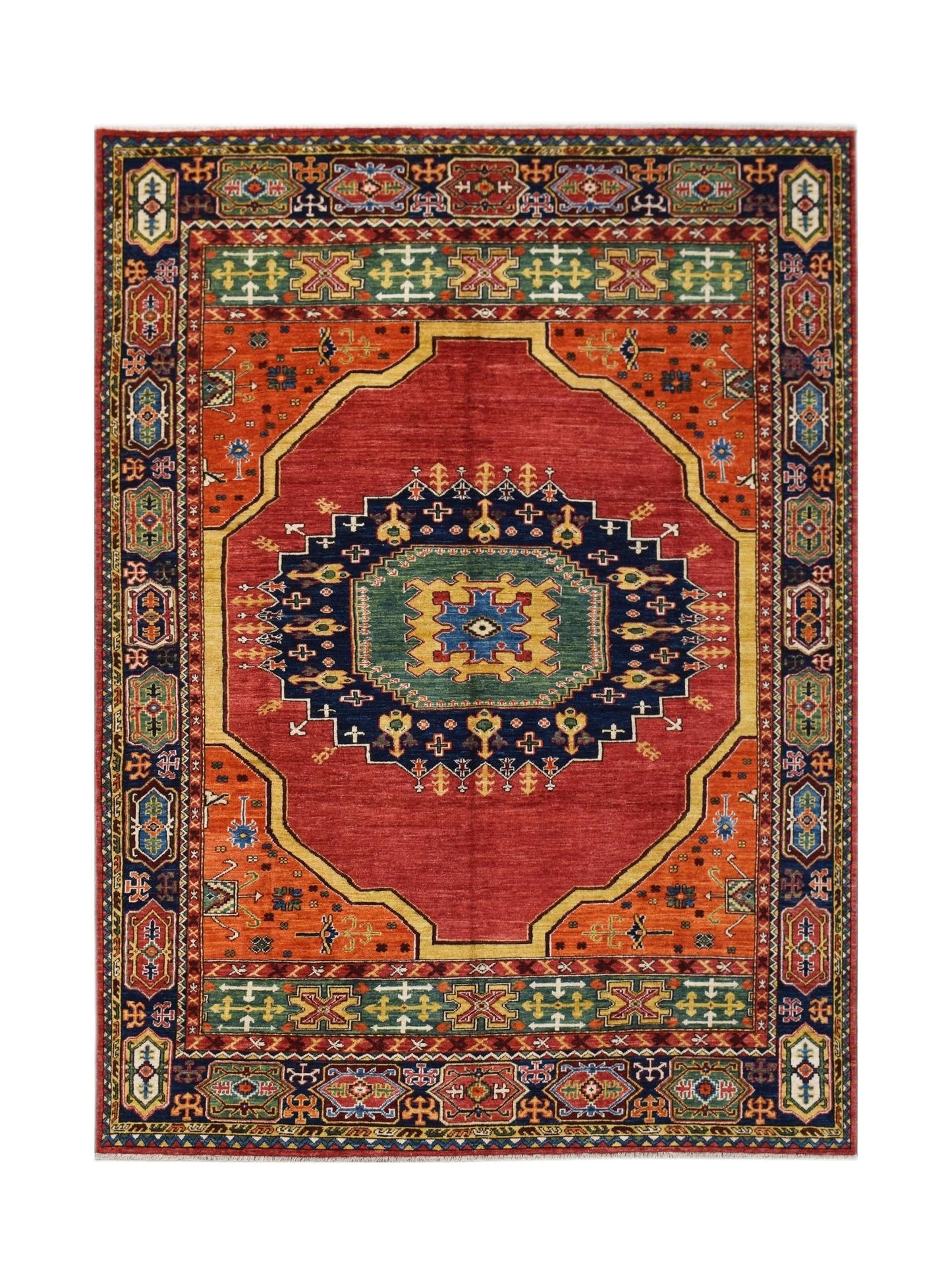 Handwoven Afghan Chobi rug featuring a central medallion on a red field with geometric borders.