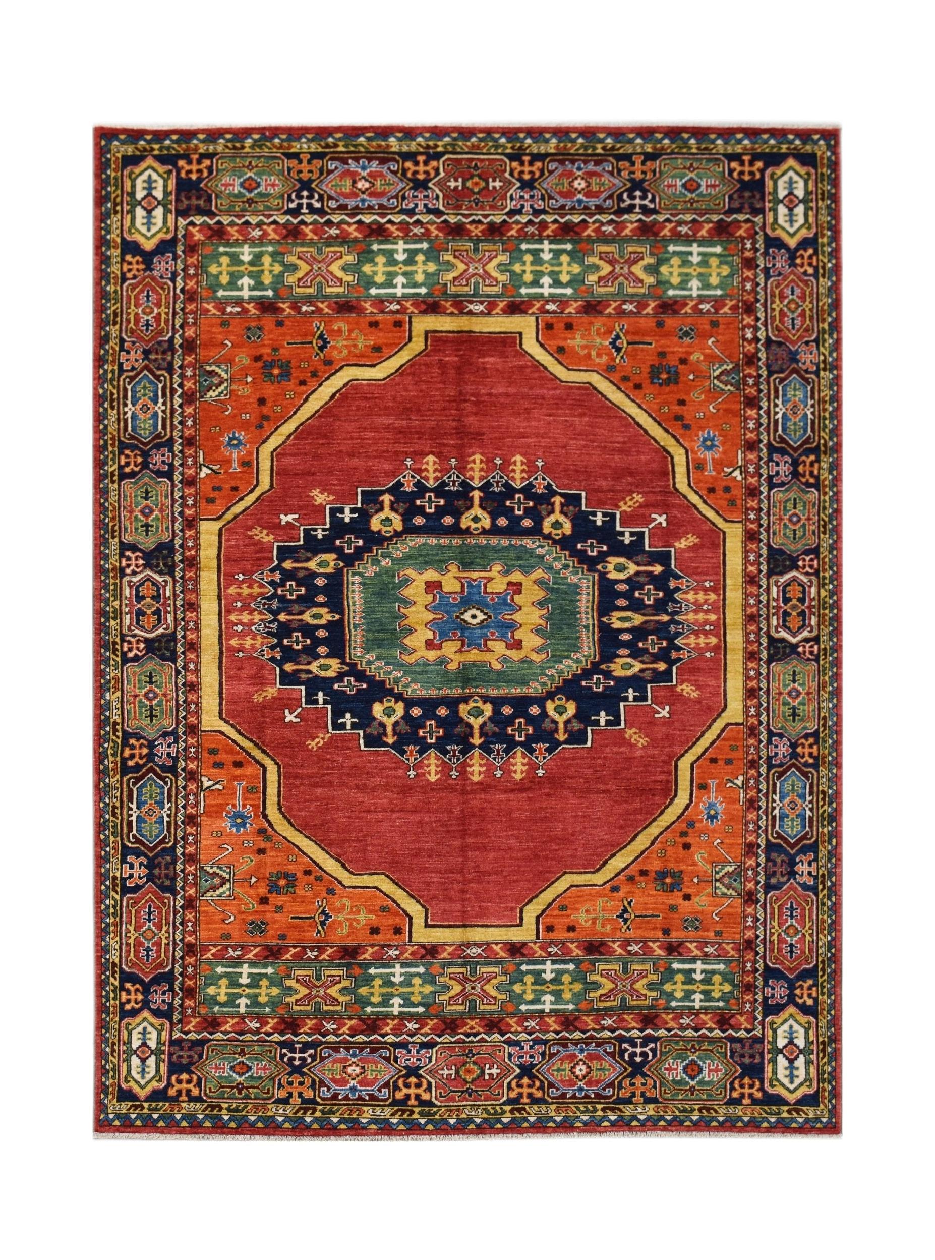 Handwoven Afghan Chobi rug featuring a central medallion on a red field with geometric borders.
