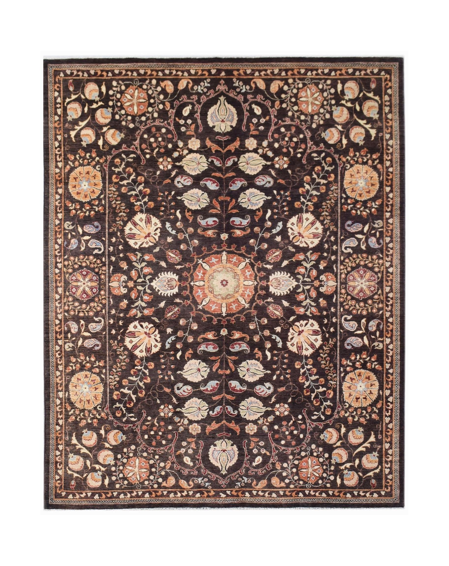 A rectangular Afghan Chobi rug featuring a dark brown field with intricate floral Suzani patterns.
