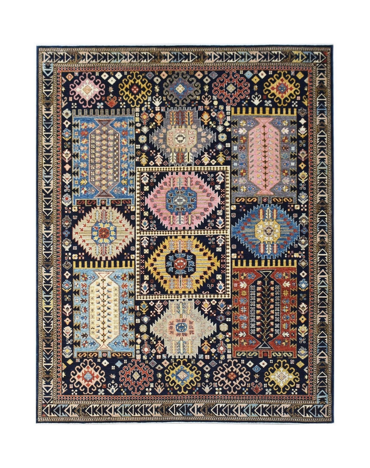 A rectangular Afghan Chobi rug featuring a dark blue field with colorful geometric medallions.